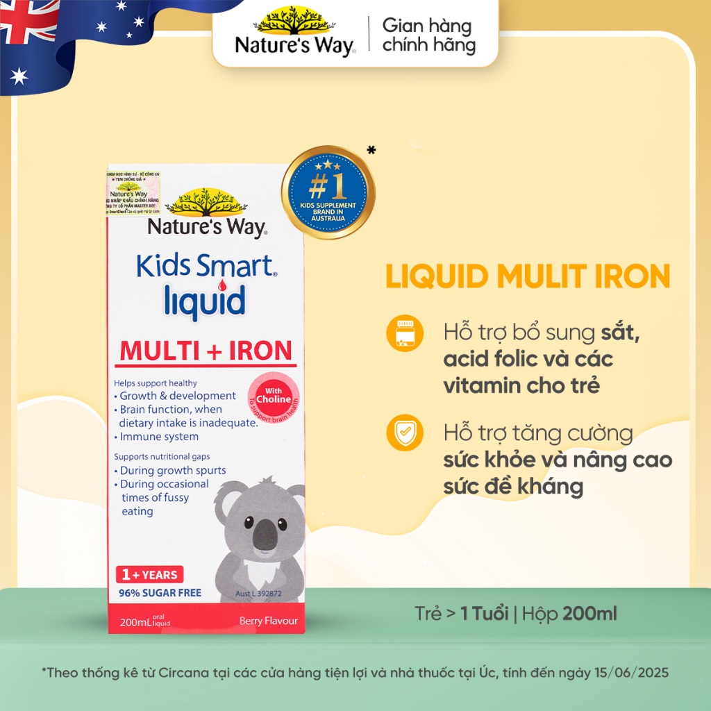 Siro Bổ Sung Sắt Và Multi Vitamin Cho Bé Nature's Way Kids Smart Liquid Multi + Iron Hỗ Trợ Nâng Cao Đề Kháng 200ml