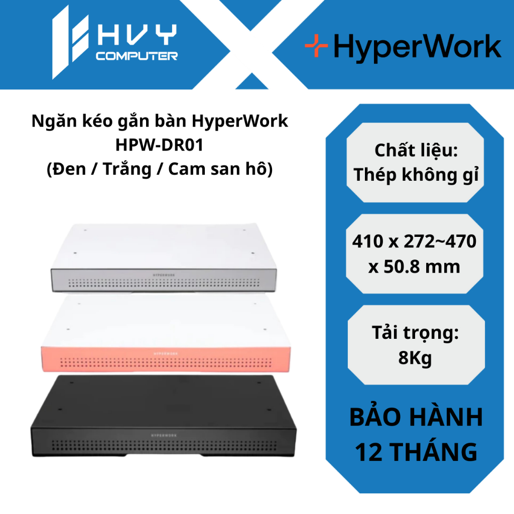 Ngăn kéo gắn bàn HyperWork HPW-DR01 (Đen / Trắng / Cam san hô) - Hàng Chính Hãng