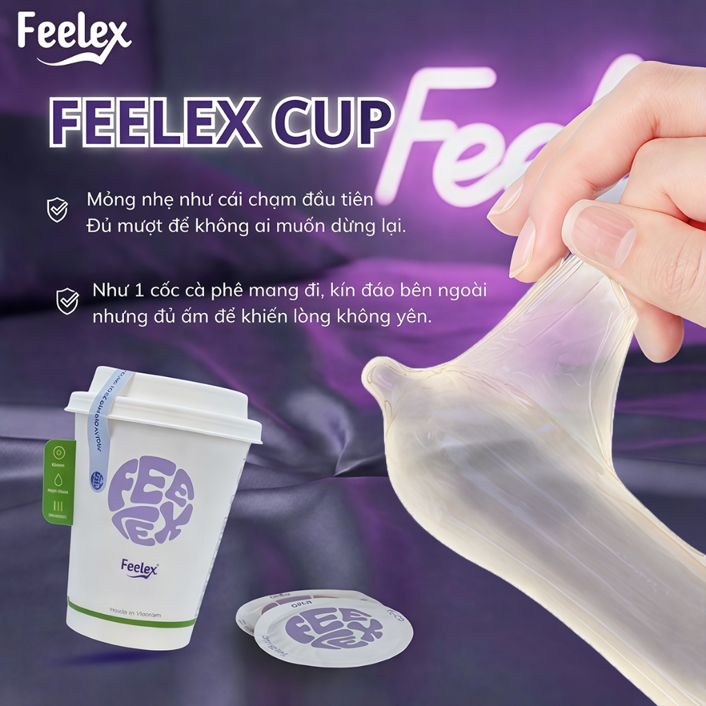 Bao cao su Feelex Cup dạng cốc độc lạ siêu mỏng, hương Matcha, Coffee, Chocolate Milk, nhiều gel bôi