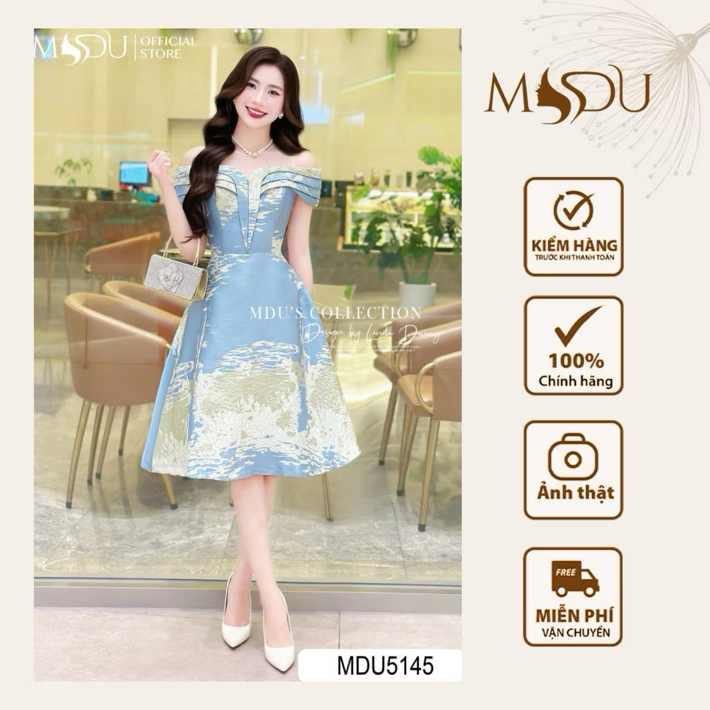 Váy Dạo Phố MDU5145 Chất Gấm Cao Cấp Dáng Chữ A Cùng Thiết Kế Vai Trễ Cổ Tim Tinh Tế Từ MDU