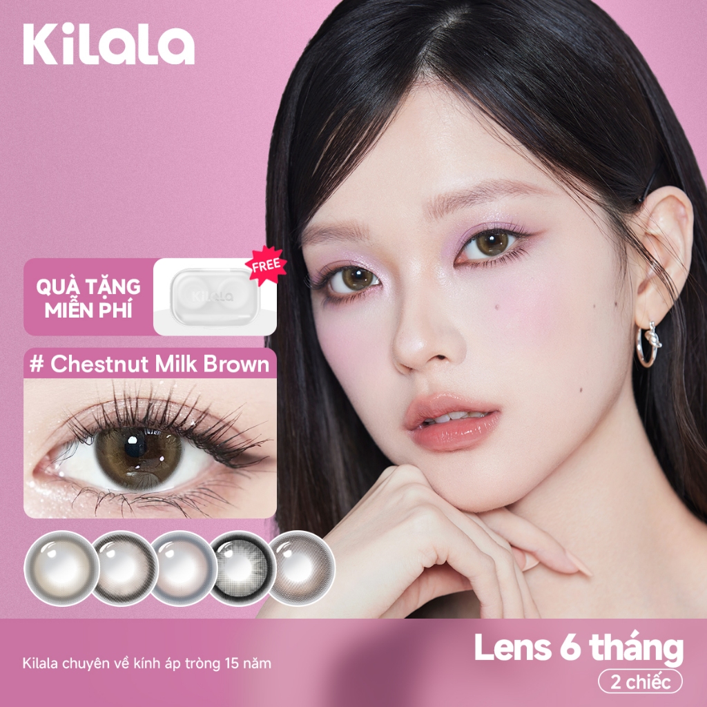 Kính áp tròng Kilala màu nâu Chestnut Milk Brown/White Peach Brown /Sesame Black DIA  lens cận 6 thá
