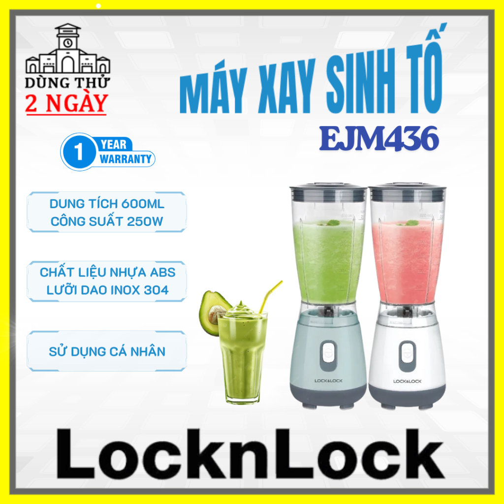 Máy xay sinh tố cá nhân LocknLock EJM436, dung tích 600ml, công suất 250W, cối nhựa, lưỡi inox 304 s