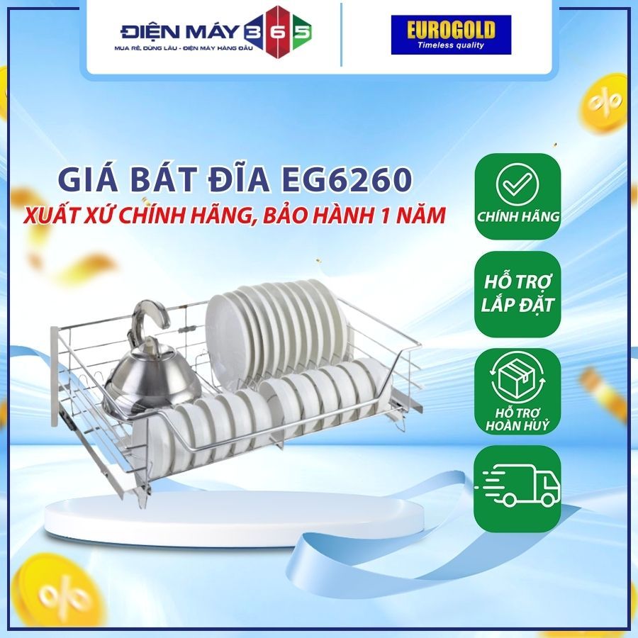 Giá bát đĩa inox 201 nan âm tủ gắn cánh, ray giảm chấn EG6260 – Eurogold