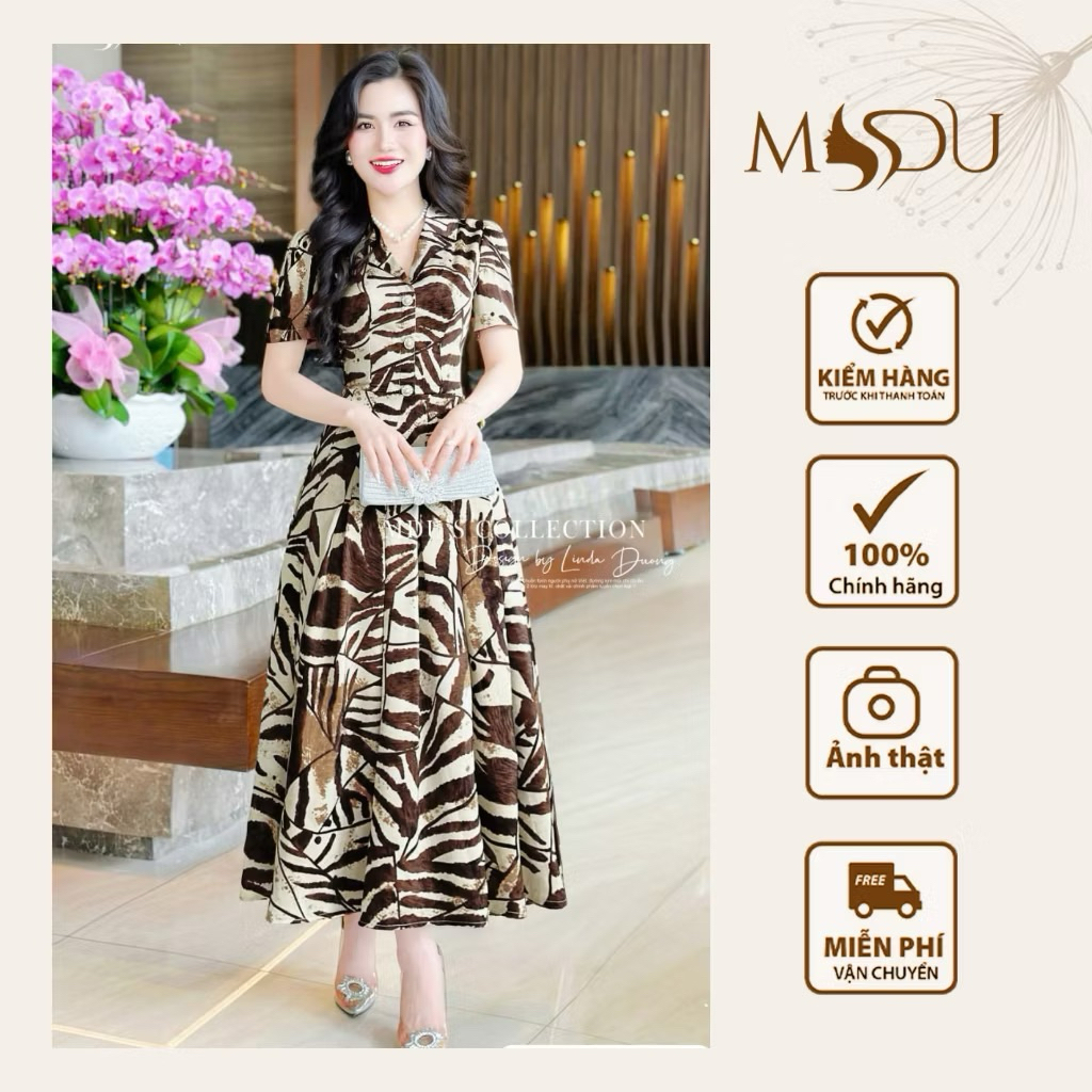 Váy Thiết Kế MDU5165 Lụa Mango Cao Cấp Dáng Xòe Cổ Chữ V Phối Họa Tiết Trừu Tượng Thanh Lịch Từ MDU