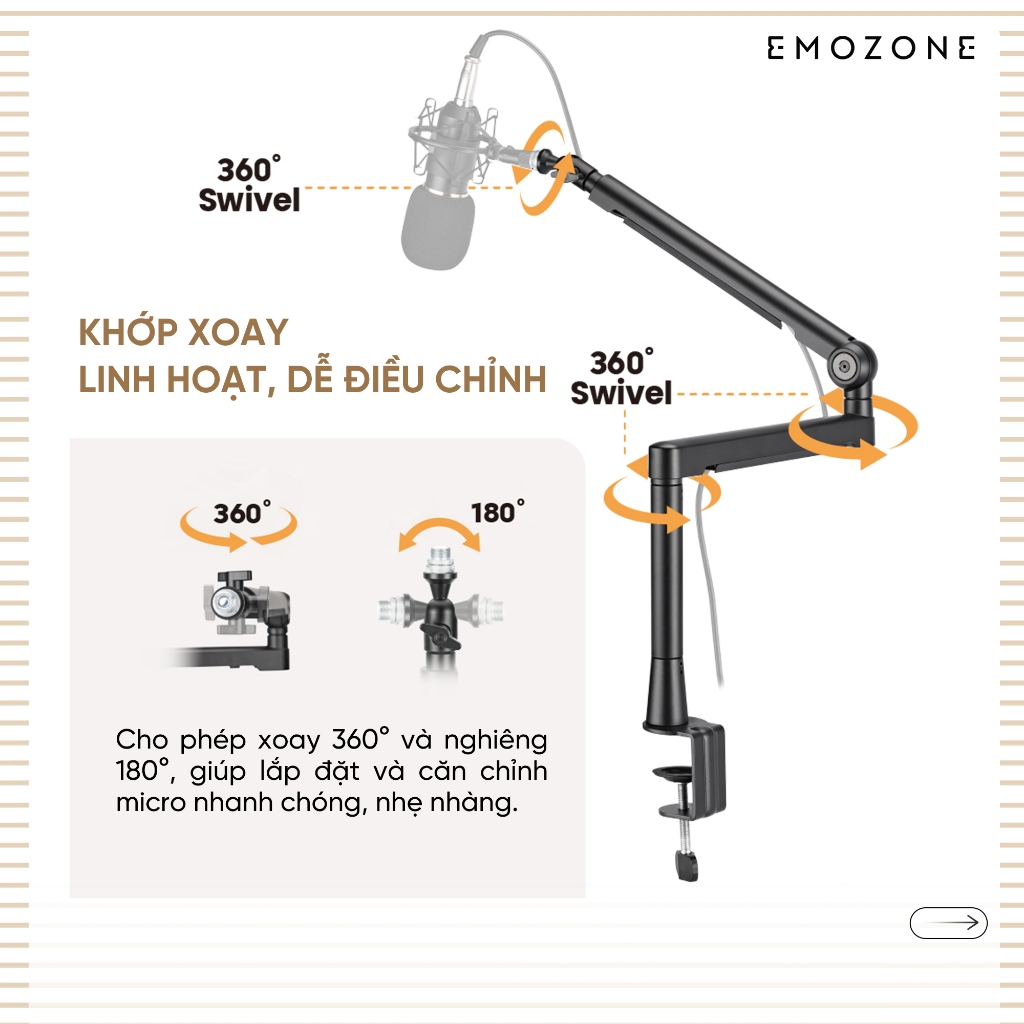 Giá đỡ micphone EMOZONE MI01 Black, arm micro xoay 360 độ