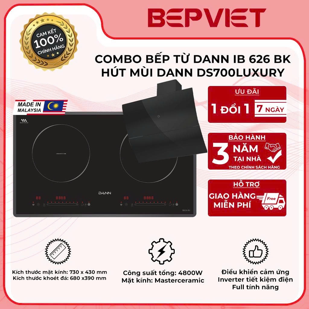 Combo Bếp từ Dann IB626 BK + Máy hút mùi Dann DS700 Luxury