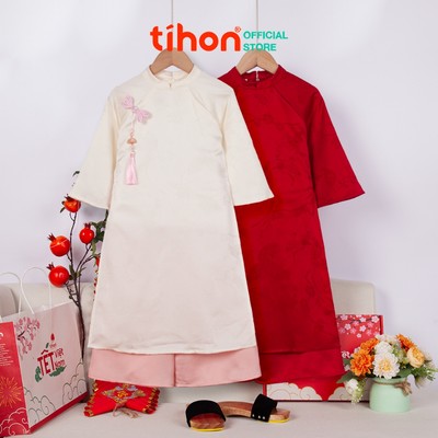 Set Áo Dài Tết Bé Gái TIHON Áo Dài Cách Tân Chất Lụa Họa Tiết Chìm Kèm Nơ Khánh SET0744119
