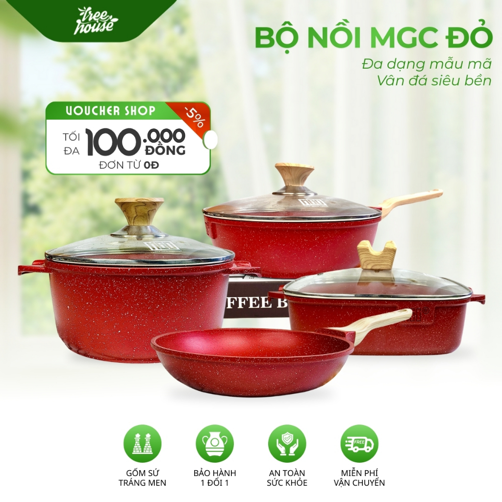 Bộ Nồi MGC Đỏ Vân Đá Cao Cấp Siêu Bền, Nắp Kính Cường Lực, Tay Cầm Giả Gỗ Sang Trọng Chống Nóng