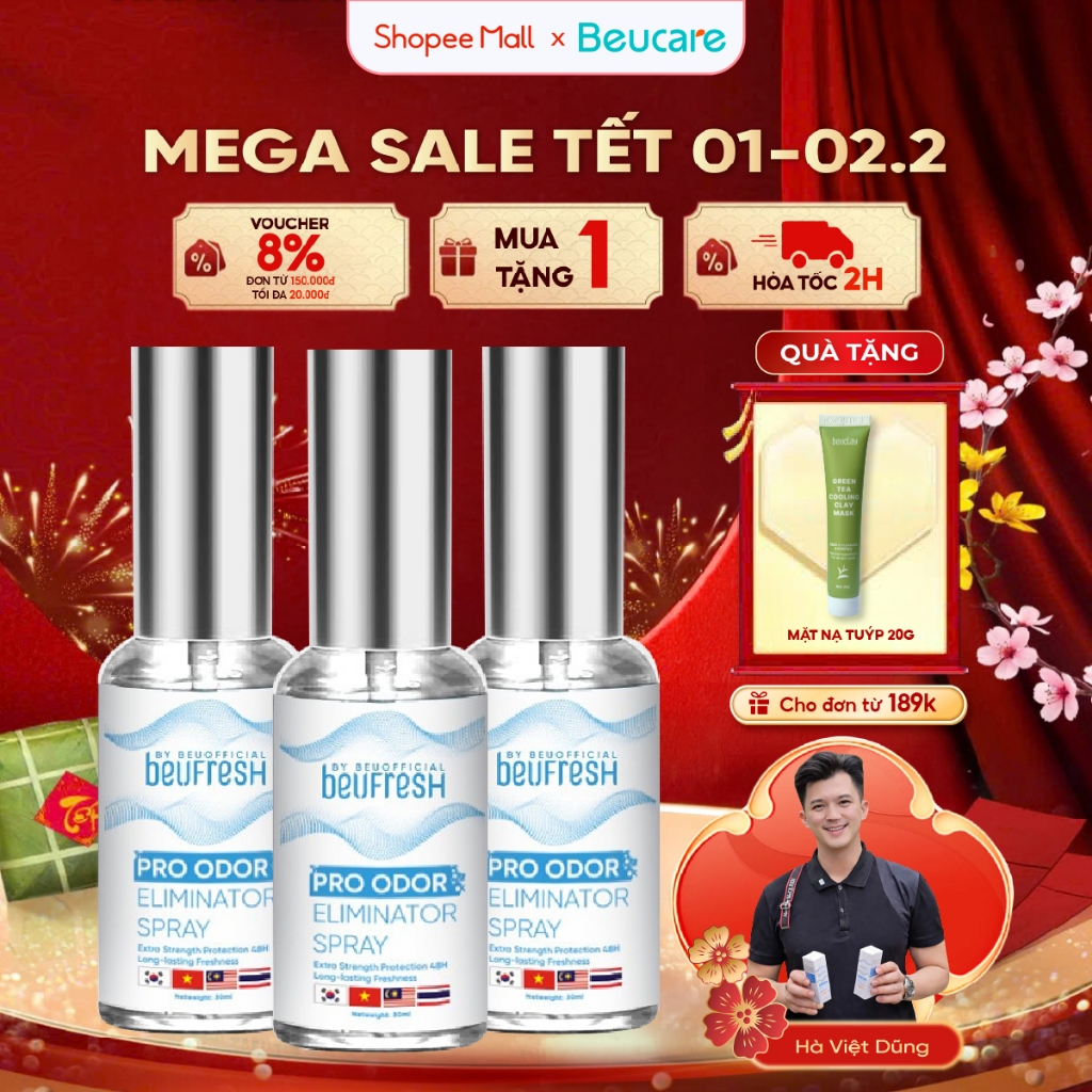Combo 3 Xịt khử mùi toàn thân, lăn khử mùi BEUFRESH ngăn tiết mồ hôi, hạn chế mùi cơ thể 30ml