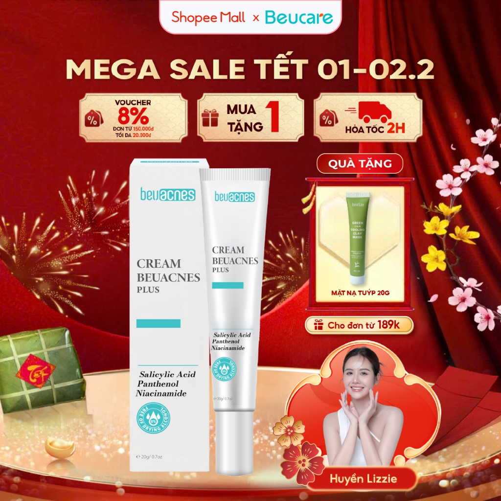 Kem giảm mụn nhanh 24h BEUACNES PLUS mụn trứng cá, chiết xuất rau má, hỗ trợ mờ thâm mụn 15g