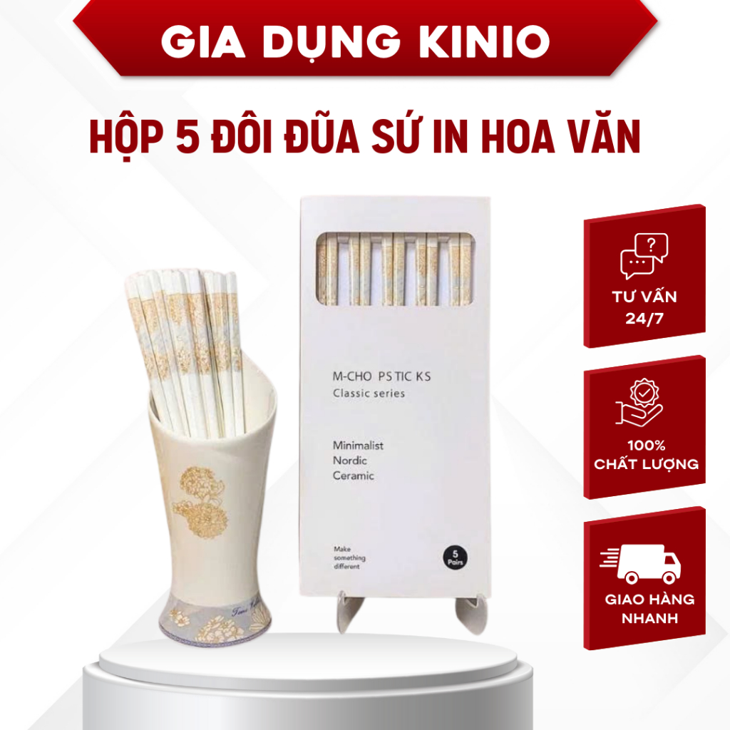 [NEW] Set 5 Đôi Đũa Sứ Chịu Nhiệt Cao Họa Tiết Sắc Nét Kèm Hộp Sang Trọng KINIO