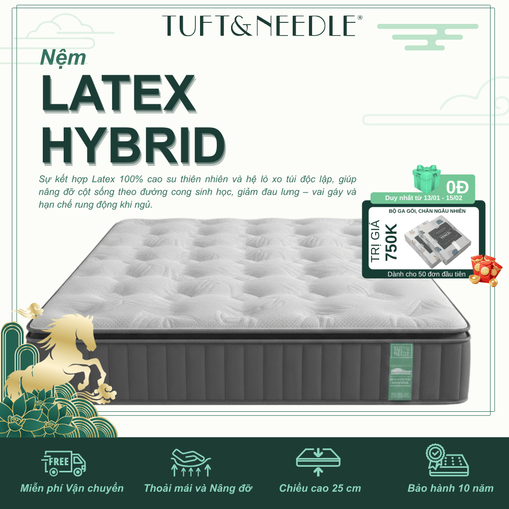Nệm Latex Hybrid TUFT & NEEDLE, Khung Lò Xo Túi Độc Lập Cách Ly Dao Động Kết Hợp Cao Su Thiên Nhiên