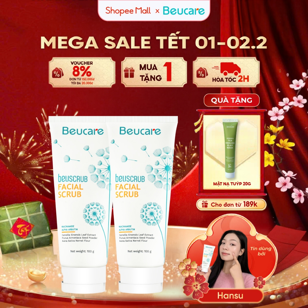 Combo 2 tẩy tế bào chết mặt BEUCARE trà xanh, tẩy da chết mặt ,thấm hút dầu thừa , làm sạch da, dưỡn