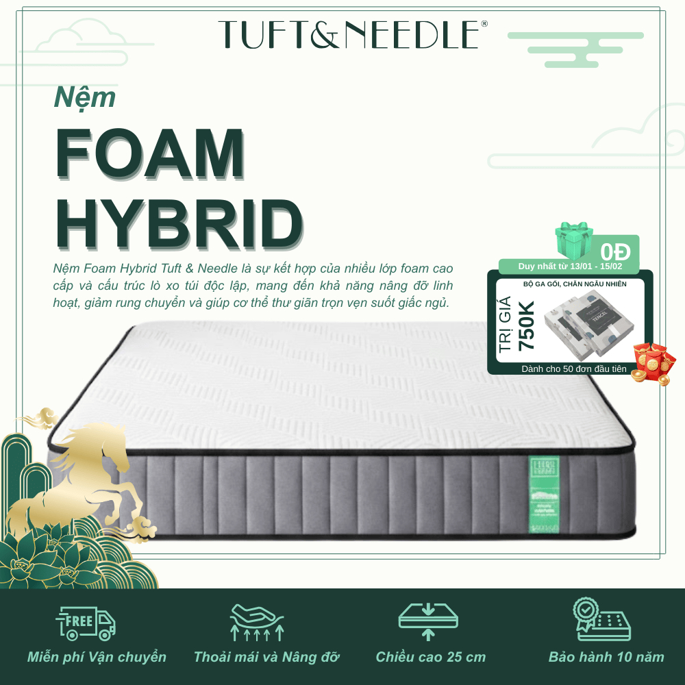 Nệm Hybrid Foam & Lò Xo Túi Độc Lập, Cách Ly Chuyển Động, Êm Ái Nâng Đỡ – TUFT & NEEDLE 🎁 Tặng Bộ Ch