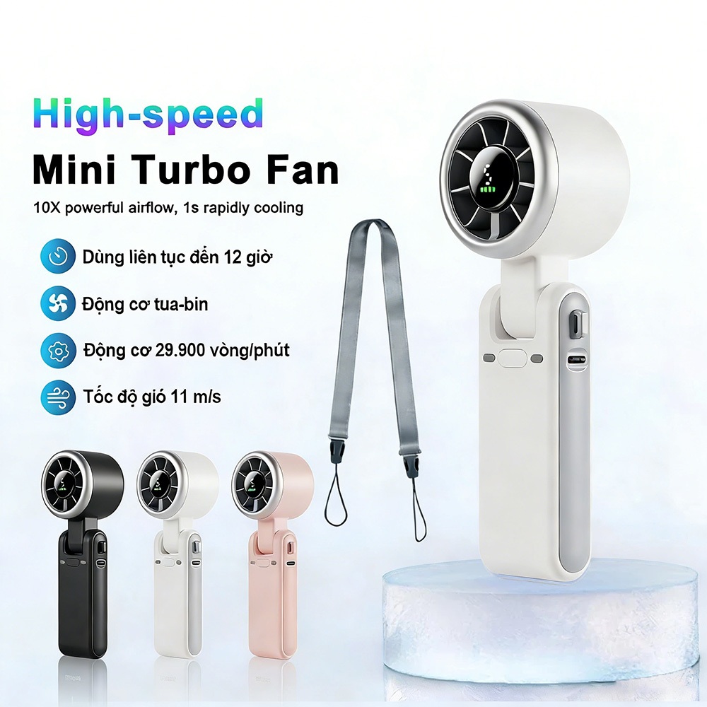 Quạt điện cầm tay  nhỏ gọn 5 cấp độ gió Quạt mini cầm tay 4000 mAh Quạt mini turbo siêu mát