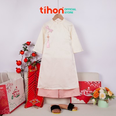 Áo dài tết bé gái TIHON cao cấp chất lụa họa tiết chìm 2 màu đỏ và be SET0744119