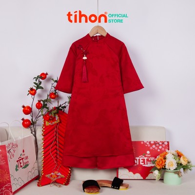 Áo dài Tết bé gái TIHON cao cấp dáng truyền thống màu sắc dễ thương hai màu đỏ be SET0744119