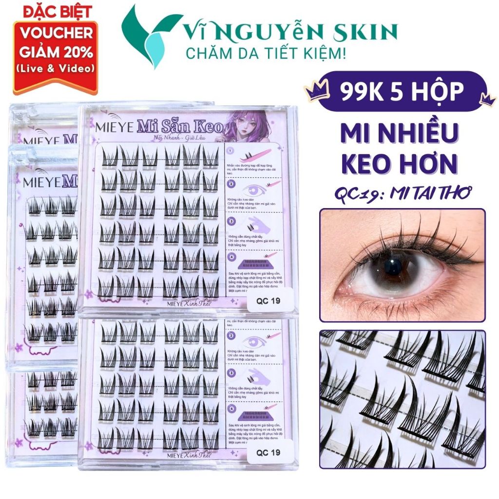 Lông Mi Giả SẴN KEO 99K/5 hộp, Mẫu Mi Tai Thỏ, Có Thể Tái Sử Dụng Mềm Mại Tự Nhiên