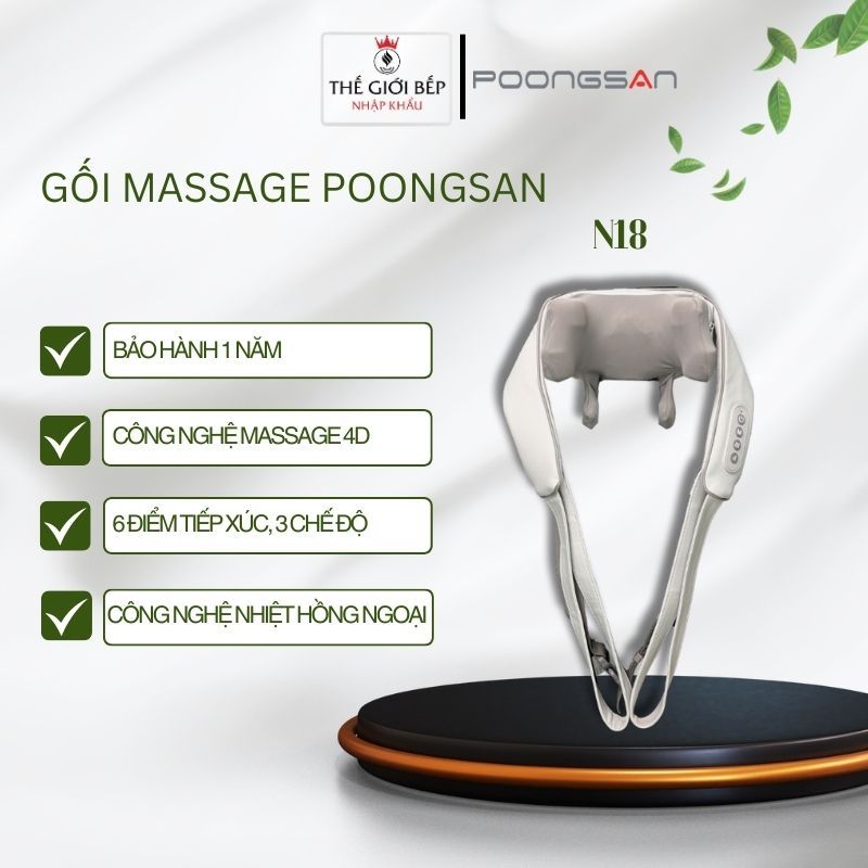 Gối massage Poongsan N18 – Massage cổ vai gáy 4D – Chườm ấm hồng ngoại 40–45°C