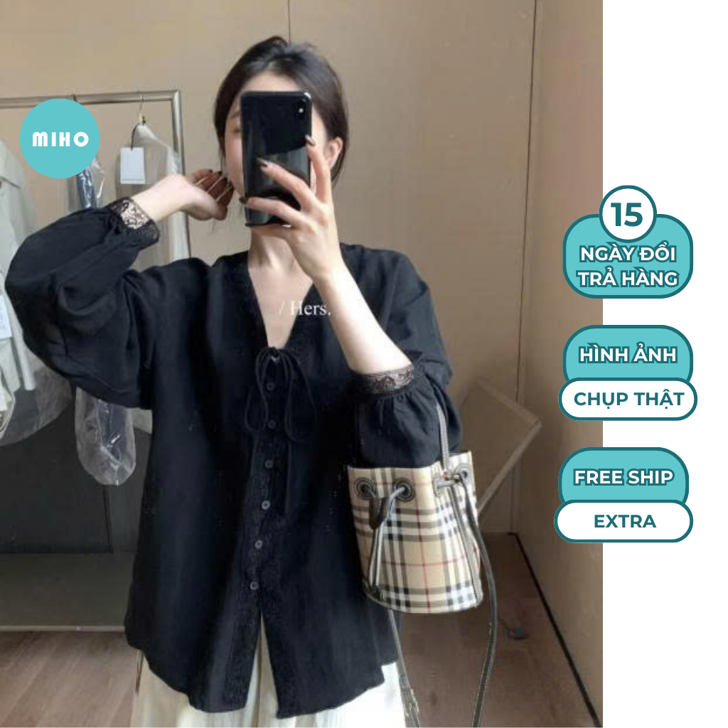 Áo sơ mi cổ V viền phối ren nẹp trơn Miho House | BigBuy360 - bigbuy360.vn