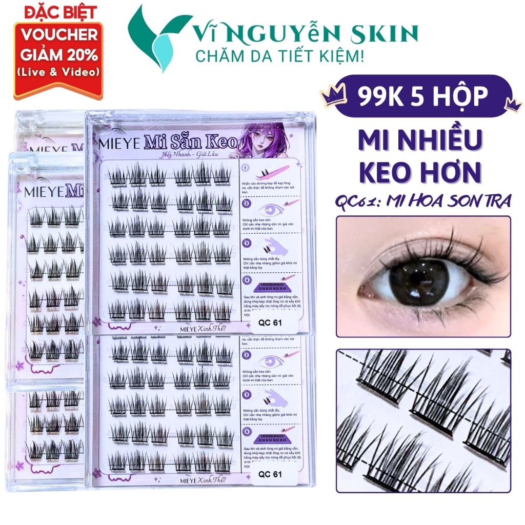 Lông Mi Giả SẴN KEO 99K/5 hộp, Mẫu Mi Hoa Sơn Trà, Có Thể Tái Sử Dụng Mềm Mại Tự Nhiên