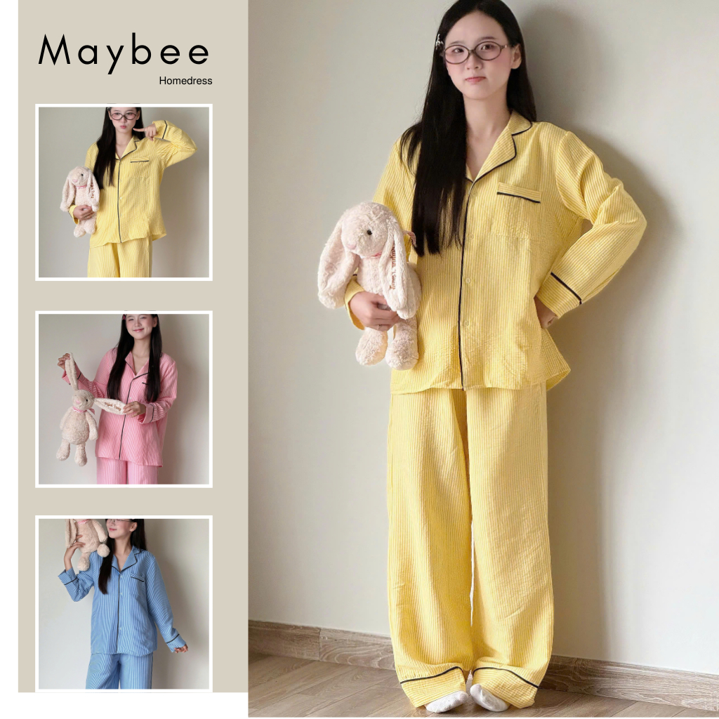 Maybee.Homedress Bộ Ngủ Kẻ Sọc Viền Đen – Chất Vải Mềm Mịn, Thanh Lịch, Thoải Mái