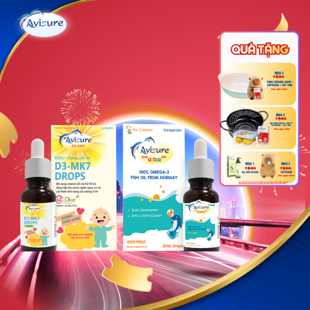 [ TẶNG TUẦN LỘC] Combo 2 hộp D3K2 DHA cho bé Avisure giúp bé cứng cáp, thông minh, mắt sáng