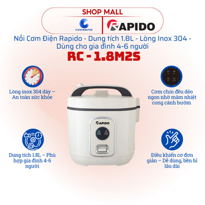 [HỎA TỐC] Nồi cơm điện lòng Inox Rapido RC-1.8M2S - Dung tích 1.8L - Hàng chính hãng