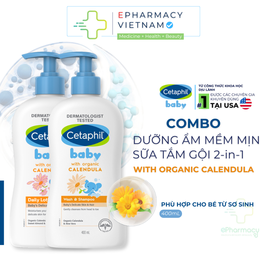 COMBO Cetaphil Baby With Organic Calendula Tắm Gội Cetaphil Baby & Sữa Dưỡng Da Mềm Mịn Cho Bé