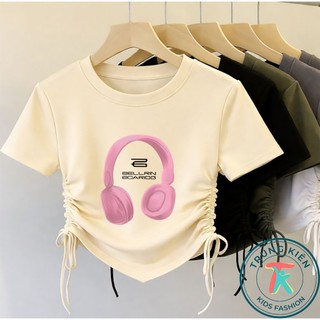 Áo Phông Bé Gái Rút Dây Vạt Chéo Hình Tai Nghe Hồng Dễ Thương, Chất Liệu Thun Cotton Mềm Mại (M 302)