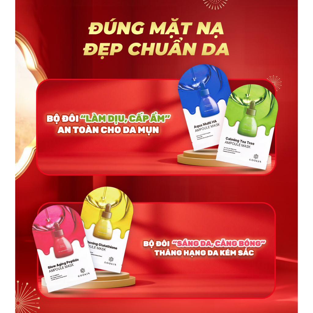 Combo 10 Mặt nạ dịu da, cấp nước, dưỡng sáng, tăng đàn hồi Gookin Ampoule Mask 30ml