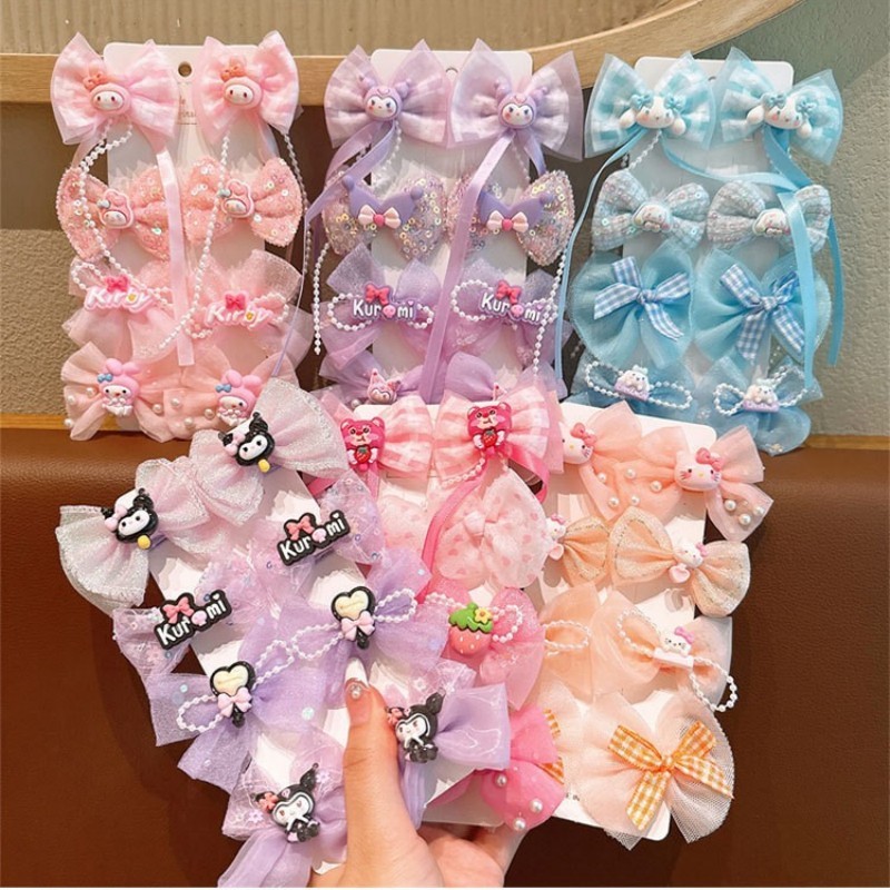 Set 8 kẹp tóc Sanrio cho trẻ em, kẹp tóc nơ nhiều màu, dùng kẹp tóc mái phía trước, kẹp tóc con/tóc 