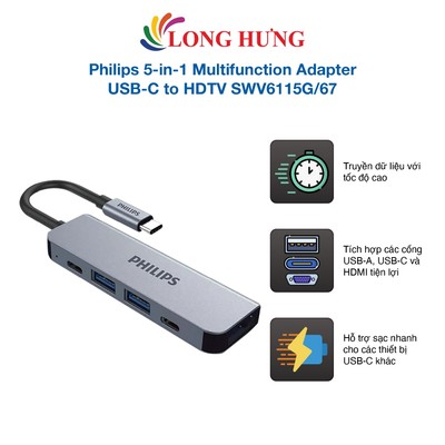 Cổng chuyển đổi Philips 5-in-1 Multifunction Adapter USB-C to HDTV SWV6115G/67 - Hàng chính hãng