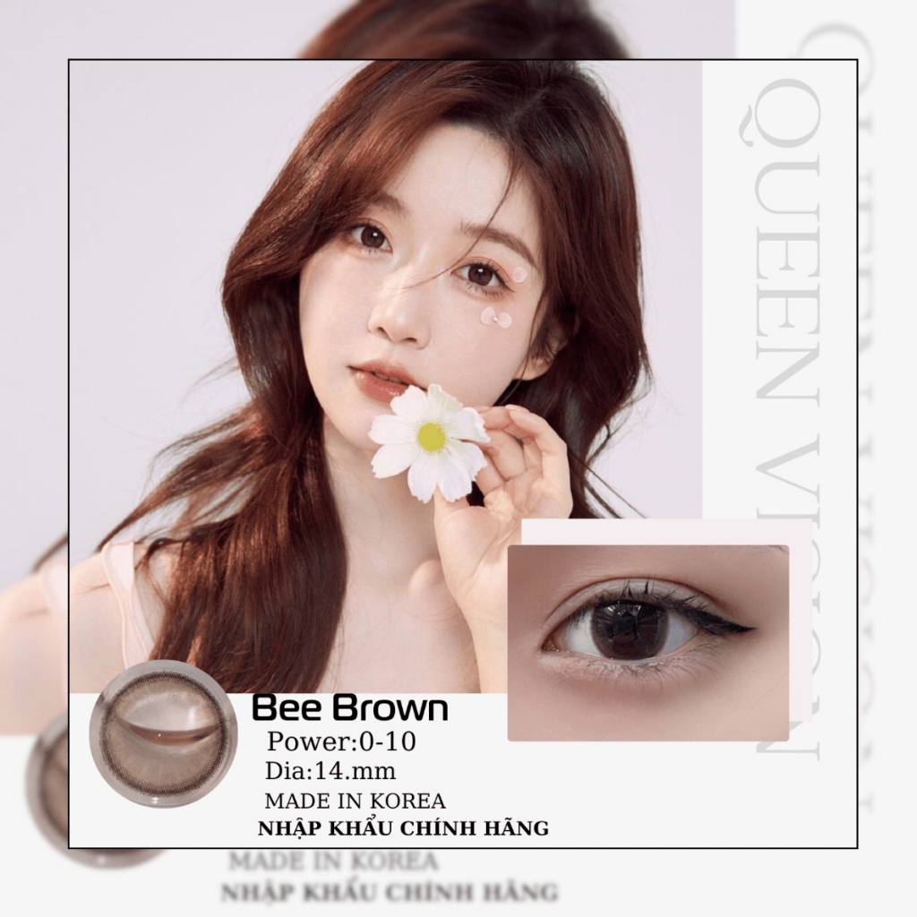 Kính áp tròng nâu Bee Brown, Lens cận Hàn Queen Vision 14mm 6 tháng (0-4) Crystal Eyes 1 chiếc