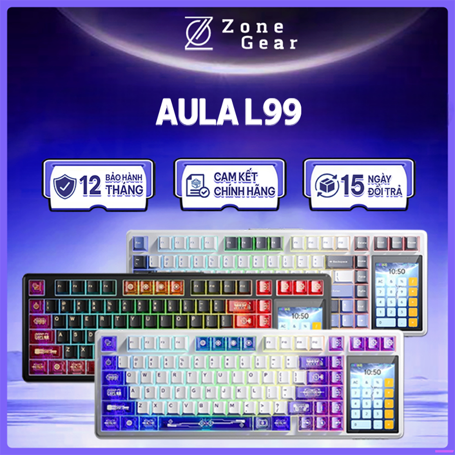 Bàn phím cơ Aula L99 - Bàn phím không dây led RGB, 3 mode kết nối, Màn hình cảm ứng thông minh cho văn phòng