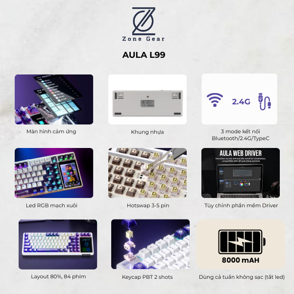 Bàn phím cơ Aula L99 - Bàn phím không dây led RGB, 3 mode kết nối, Màn hình cảm ứng thông minh cho văn phòng | BigBuy360 - bigbuy360.vn