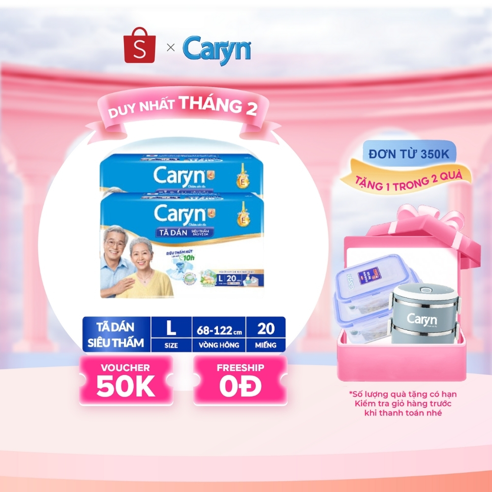 Bộ 2 Tã/Bỉm dán người lớn siêu thấm Caryn dành cho người hạn chế khả năng đi lại Size L (8/10/20/40p