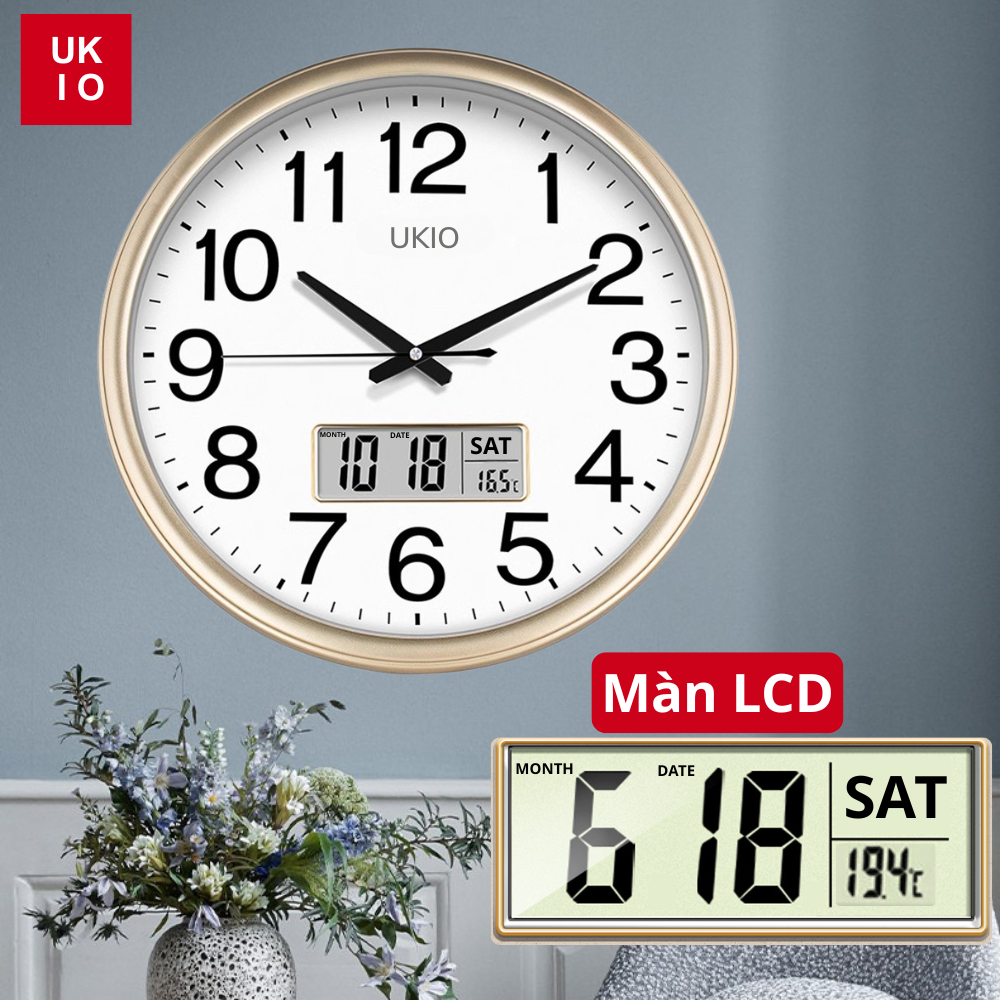 Đồng hồ treo tường kim trôi UKIO, thiết kế viền vàng nổi bật, màn LCD hiện thị đầy đủ thông tin