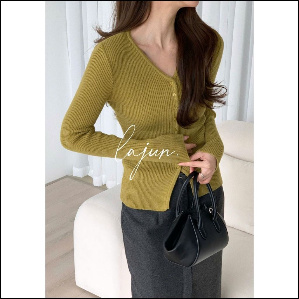 [LAJUN KOREA] Áo Cardigan Len Gân Heart Tay Dài Cổ Chữ V Co Giãn Tôn Dáng Daily