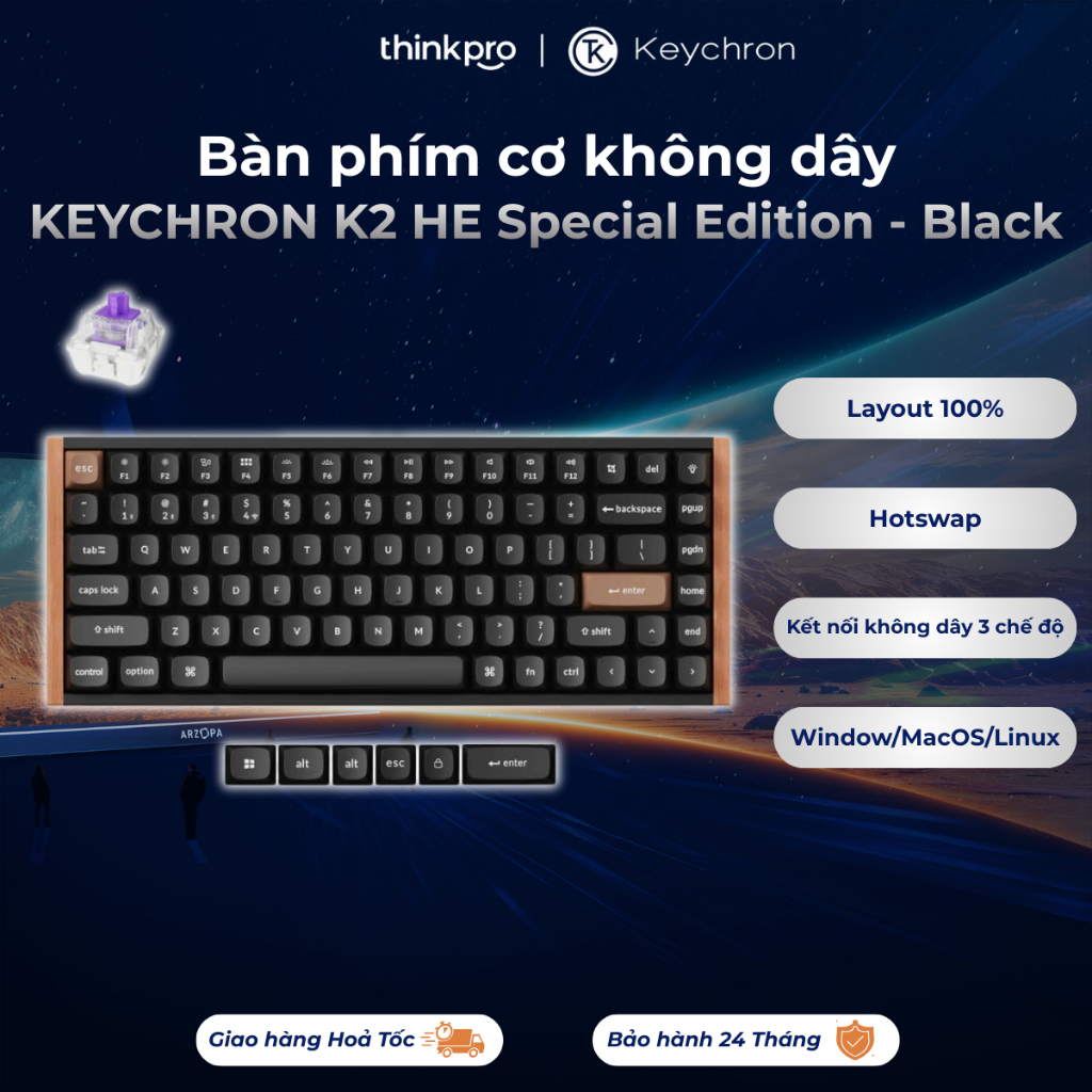 Bàn phím cơ không dây 2.4Hz KEYCHRON K2 HE Special Edition Switch Hall Effect tốc độ phản hồi nhanh,