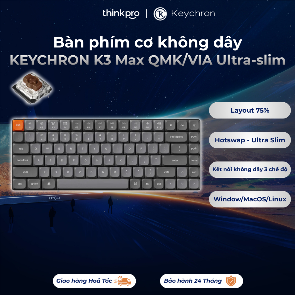 Bàn phím cơ không dây KEYCHRON K3 Max QMK/VIA Ultra-Slim Layout 75% kết nối 2.4hz độ trễ thấp tương 