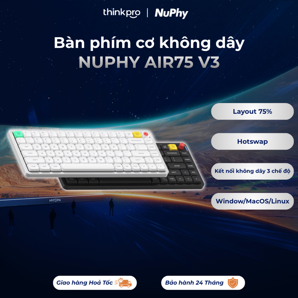 Bàn phím cơ không dây NUPHY AIR75 V3 Low Profile Layout 75%, Hotswap, 3 mode kết nối, Led RGB kết nố