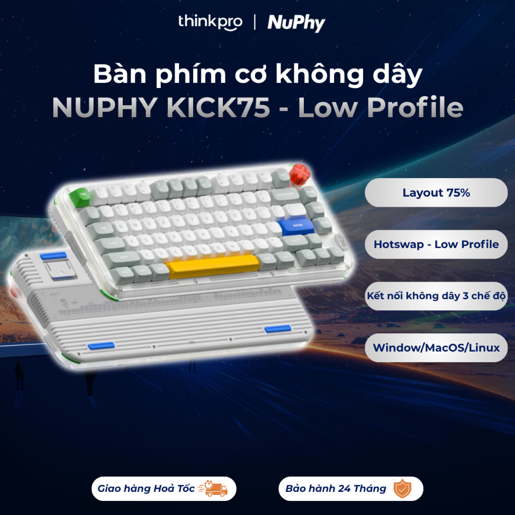 Bàn phím cơ không dây NUPHY KICK75 Low Profile Layout 75%, Hotswap, 3 mode kết nối, Led RGB kết nối 