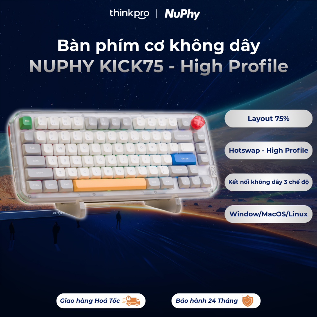 Bàn phím cơ không dây NUPHY KICK75 High Profile Layout 75%, Hotswap, 3 mode kết nối, Led RGB kết nối