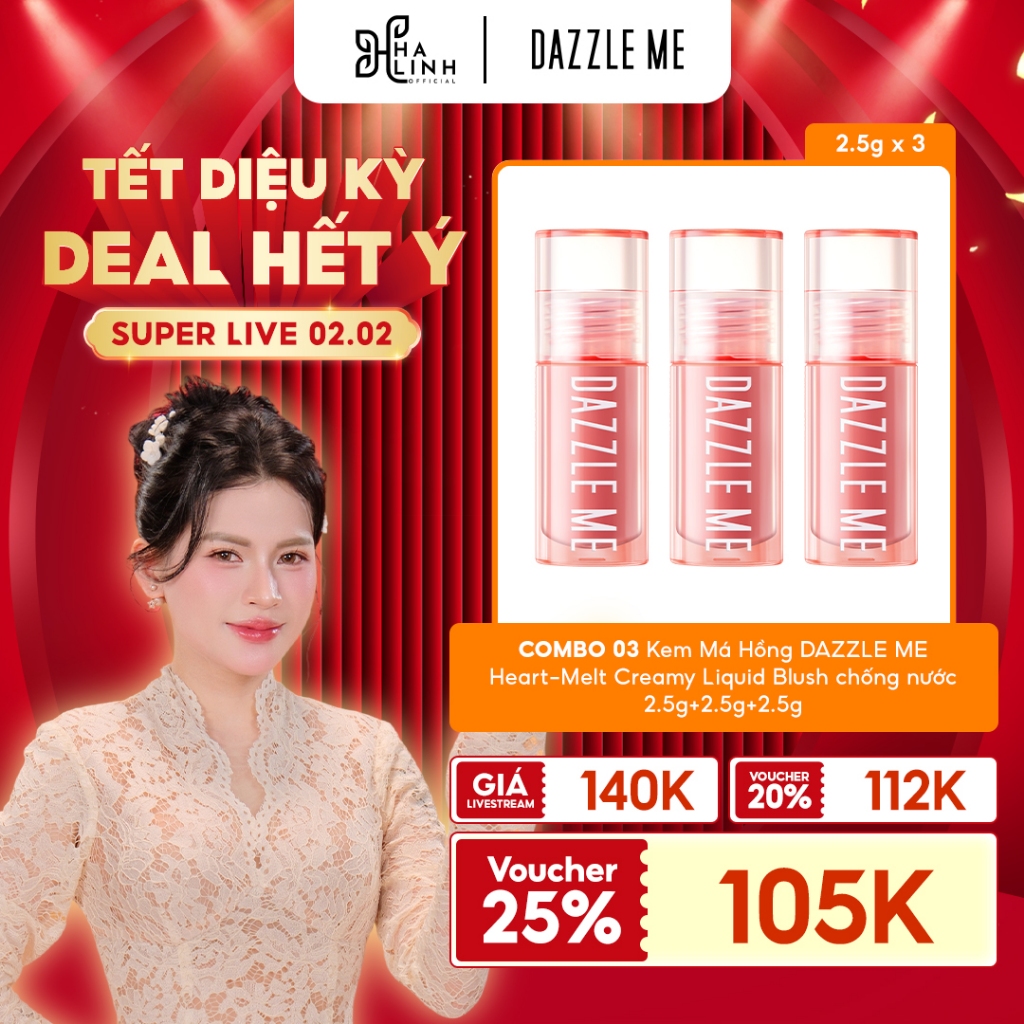 [VHL x DAZZLE ME] COMBO 03 Kem Má Hồng DAZZLE ME Heart-Melt Creamy Liquid Blush chống nước 2.5g+2.5g