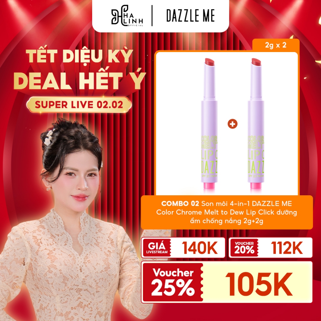 [VHL x DAZZLE ME] COMBO 02 Son môi 4-in-1 DAZZLE ME Color Chrome Melt to Dew Lip Click dưỡng ẩm chốn