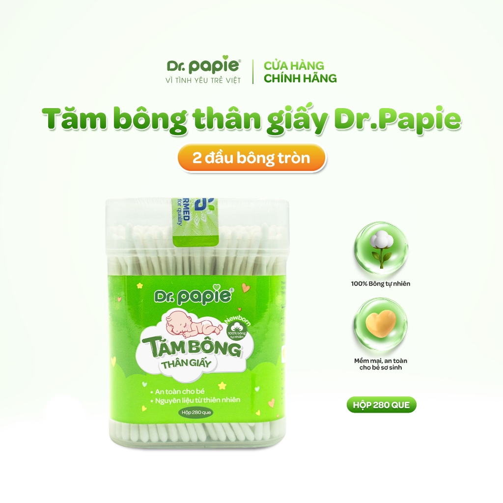 Tăm bông thân giấy Dr.Papie 2 đầu bông 100% cotton mềm mại, an toàn, vệ sinh cho bé sơ sinh hằng ngày (280c/hộp)