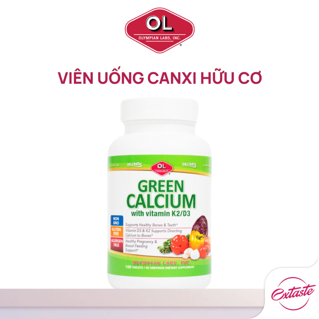 Viên uống canxi hữu cơ cho cơ thể Olympian Labs Green Calcium with Vitamin K2/D3 hộp 100 viên