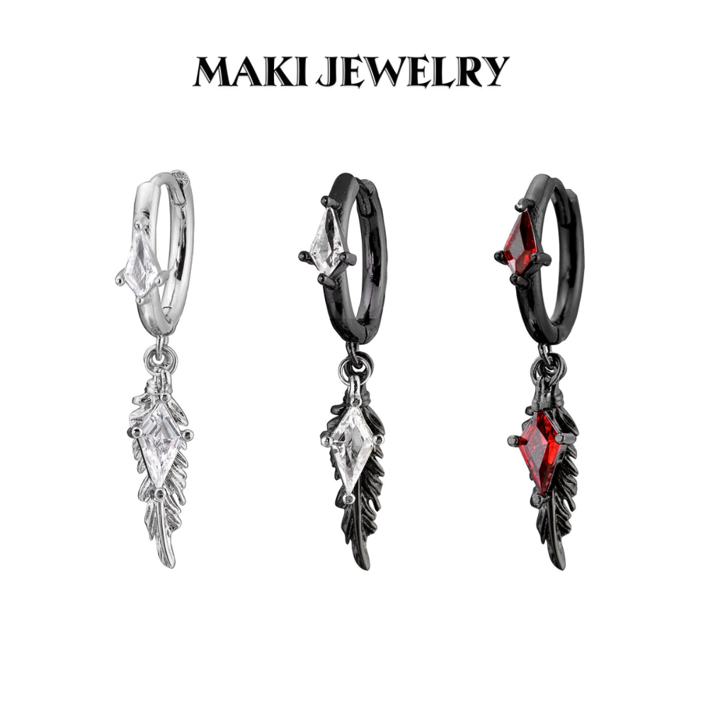 Bông Tai Khoen Tròn Maki Jewelry Đính Đá Hình Thoi Phối Lông Vũ Cá Tính - Phụ Kiện Nam Nữ Streetwear