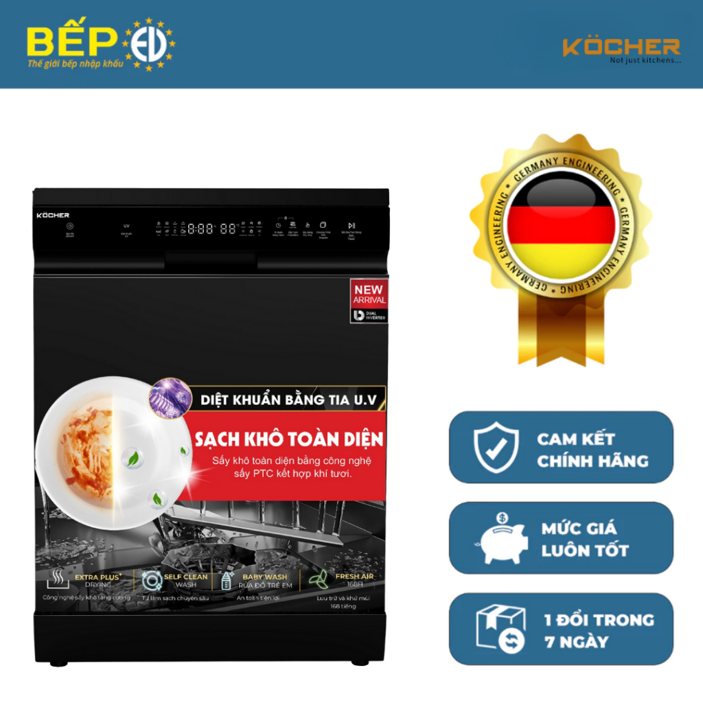 Máy rửa bát 17 bộ diệt khuẩn UV Kocher KDEU-X15B hàng chính hãng